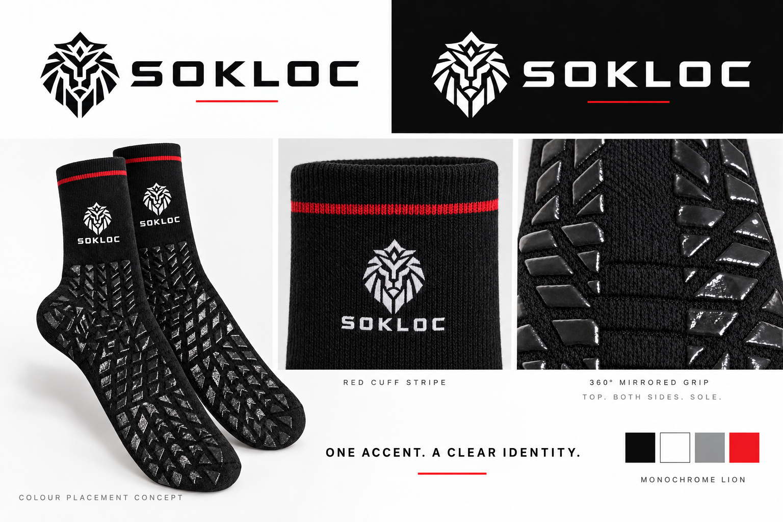 Preferred monochrome lion and spaced SOKLOC wordmark with thin red line, black socks and red cuff stripe